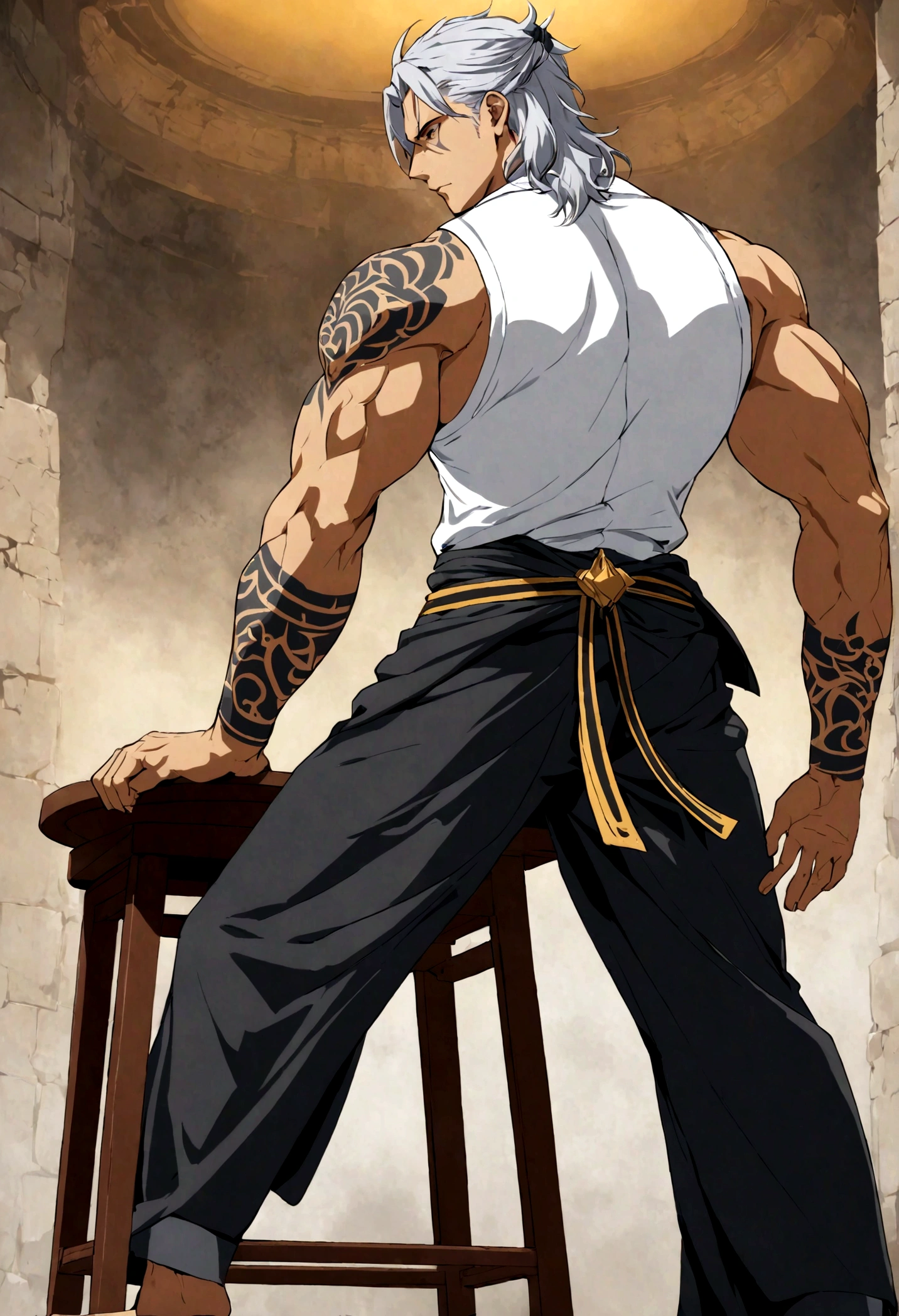 The image features a character with a muscular build, depicted in an illustration style similar to anime or a video game character design. The character has white or gray hair and is adorned with visible tattoos on his arms, chest, and possibly his back. He is dressed in a black vest with a white shirt or sash wrapped around his waist, secured by a blue or gold sash. He appears to be in a semi-active stance next to a stool, with one hand resting on the stool and the other either hanging by his side or placed on his hip. The expression of the character gives off a serious and tough demeanor. The background of the scene is plain and mostly white, emphasizing the character and his attire.. --ar 9:13 --s 750 --niji 6