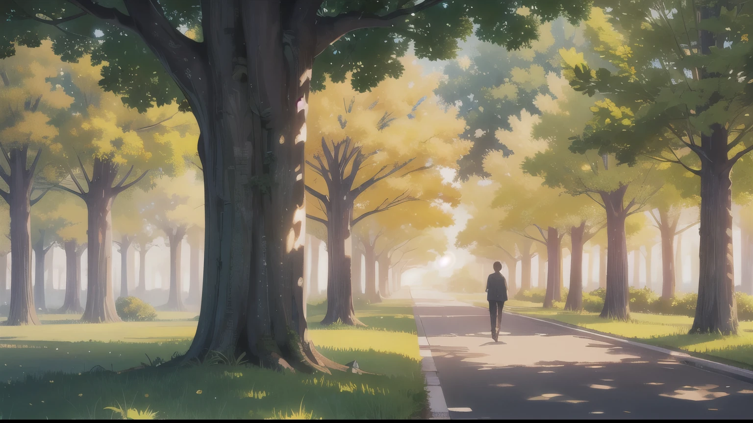 High definition、Masterpiece、８K quality、Man looking up、The green of the roadside trees is dazzling、Lines of Light、Sunny cityscape、Has a slight orange tint、Gradient from purple to blue,