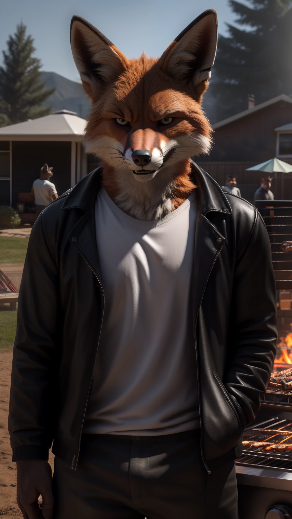 A fox is extremely handsome male alone in the backyard and having a great barbecue and a bunch of retards there in the background looking at the viewer very angry and irritated a black jacket a white t-shirt and red long pants this misfortune was made with the help of Cinematic and photorealistic Unreal Engine 9 Ultimate