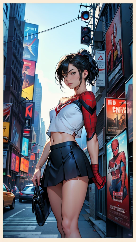 Kristin Kreuk、マーベルコミックの映画Poster、so beautiful、Movies about Spider-Man、sexy、whole body、Wearing a skirt、Premiere Date、Poster、belly buttonを突き出す、new york、She&#39;s wearing a ripped Spiderman suit、The suit is torn、Wearing a skirt、Red and black color scheme、dynamic、masterpiece、highest quality、Super detailed、Very detailed、Delicate and beautiful shine、Ultra-high resolution、Cinematic、break、breakドロップ、(Torn clothes:1.5)、(Wet clothes:1.4)、Bare shoulders、Real Rain、Wet Hair、belly button、Exposed Skin、sexyな肩を披露