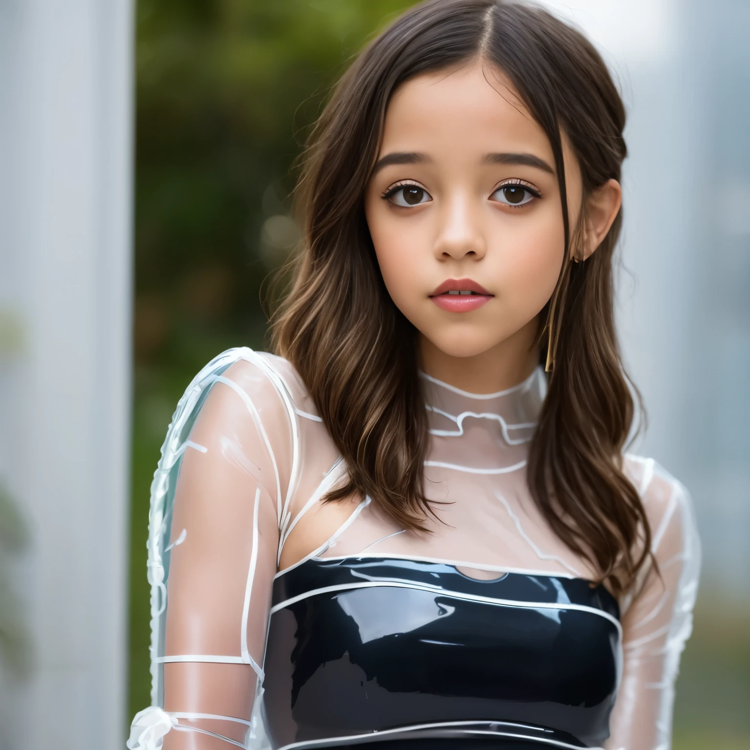 Photo portrait of 21 years old Jenna Ortega, Ein atemberaubendes, detailed color portrait of (sks frau:1), wears a ((white transparent vinyl dress):1.7), epische Charakterkomposition, Von Ilya Kuvshinov, alessio albi, Nina Masic, scharfer Fokus, natural lighting, Untergrundstreuung, f2, 35mm, Filmkorn, 