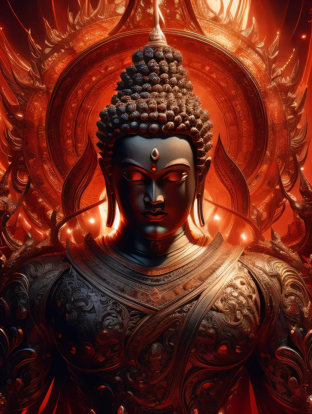 a strong and muscular buddha, Set your moves against the devil on an iron lotus, detailed and realistic, cinematic lighting, vibrant colors, dramatic composition, highly detailed, photorealistic, award winning digital art, intricate details, 8k, best quality, masterpiece, buddha fighting with evil 