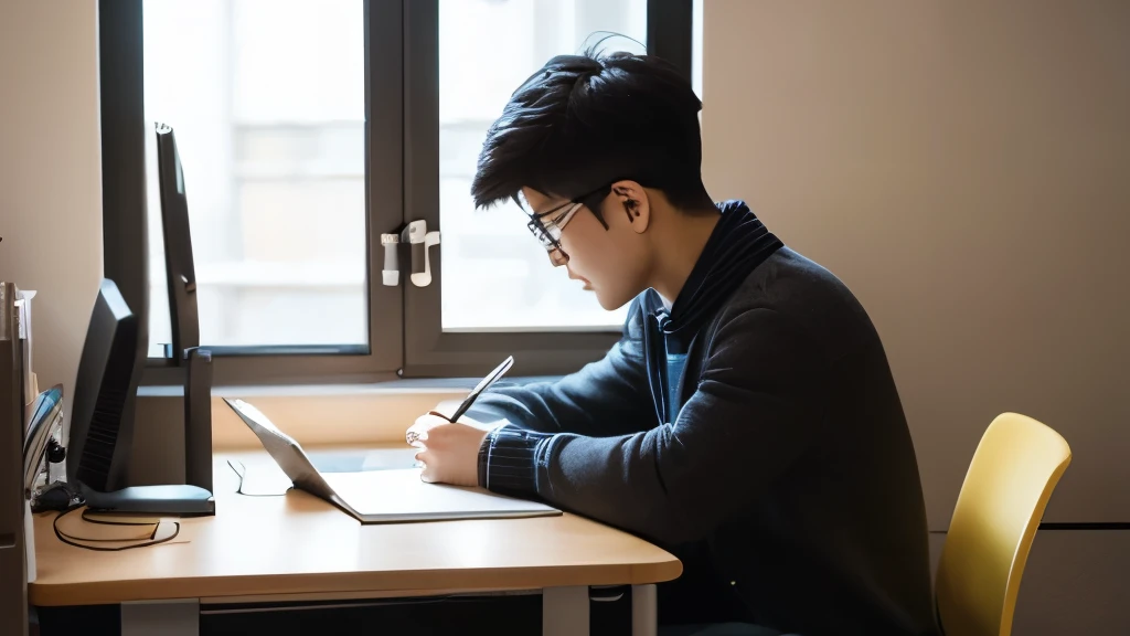 A student studying at his desk、The desk is tidy