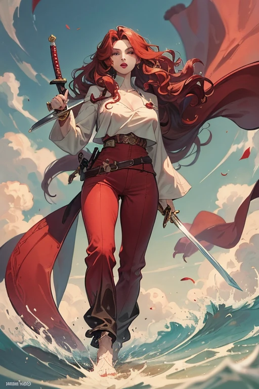 A cloaked medium breasted redhead and holding a sword, wide hips, thin waist, beautiful full red lips, lush wavy hair, long torpedo shaped tits, brown pants, loose white blouse