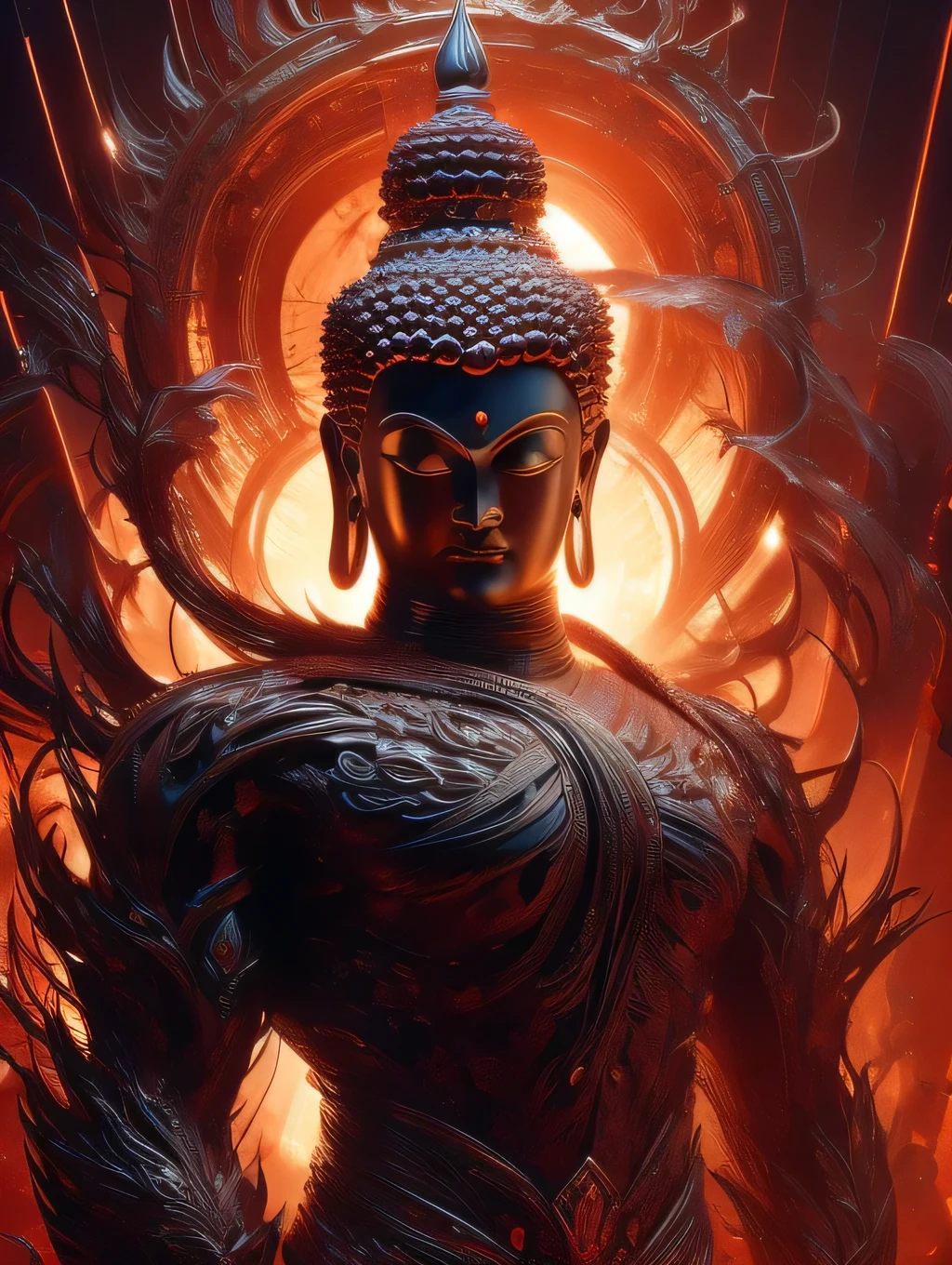 a strong and muscular buddha, Set your moves against the devil on an iron lotus, detailed and realistic, cinematic lighting, vibrant colors, dramatic composition, highly detailed, photorealistic, award winning digital art, intricate details, 8k, best quality, masterpiece, buddha fighting with evil 