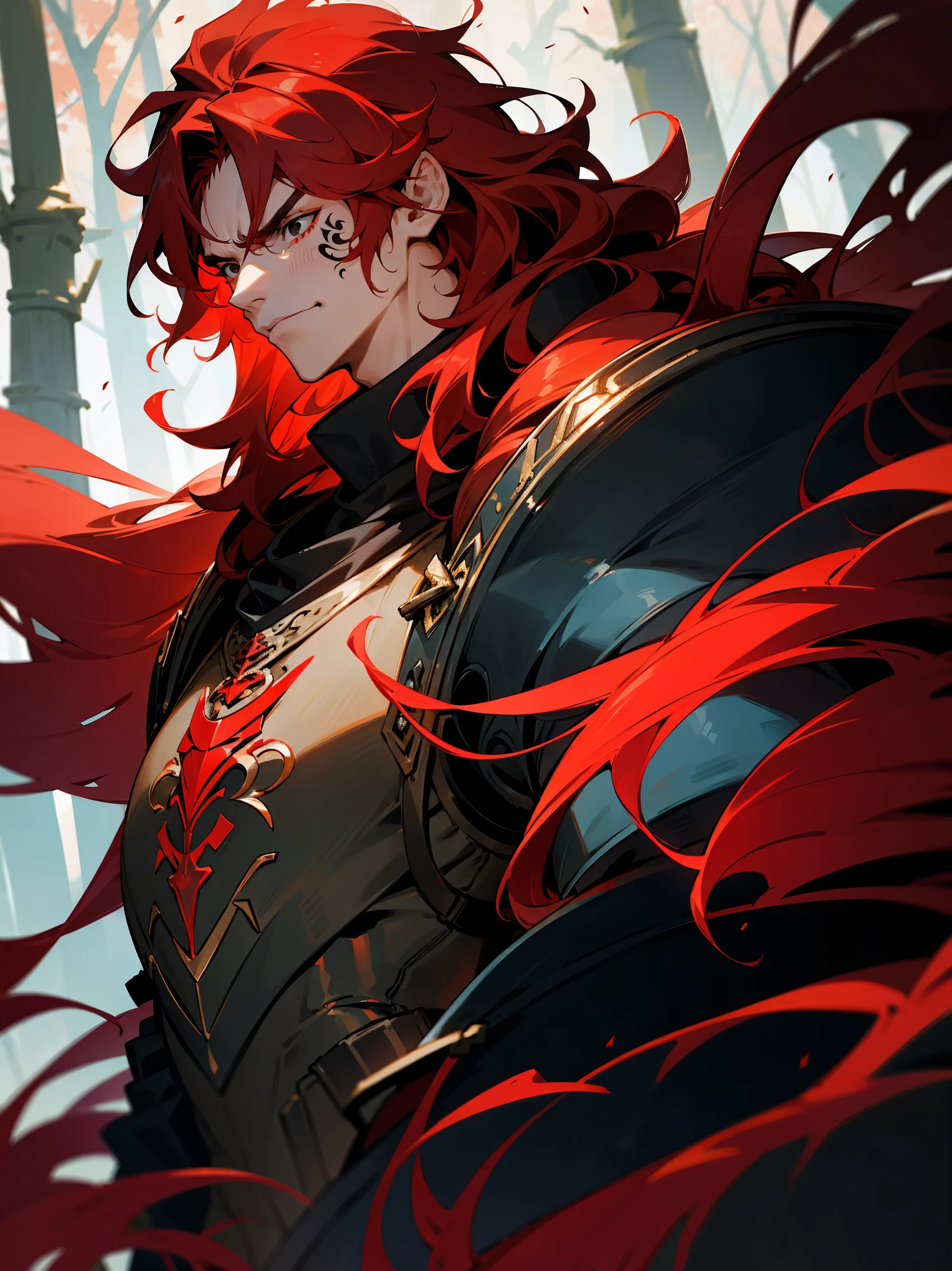1male, red hair, wavy hair, medium length hair, messy hair, black eyes, face tattoo, red armor, muscular, forest, serious expression