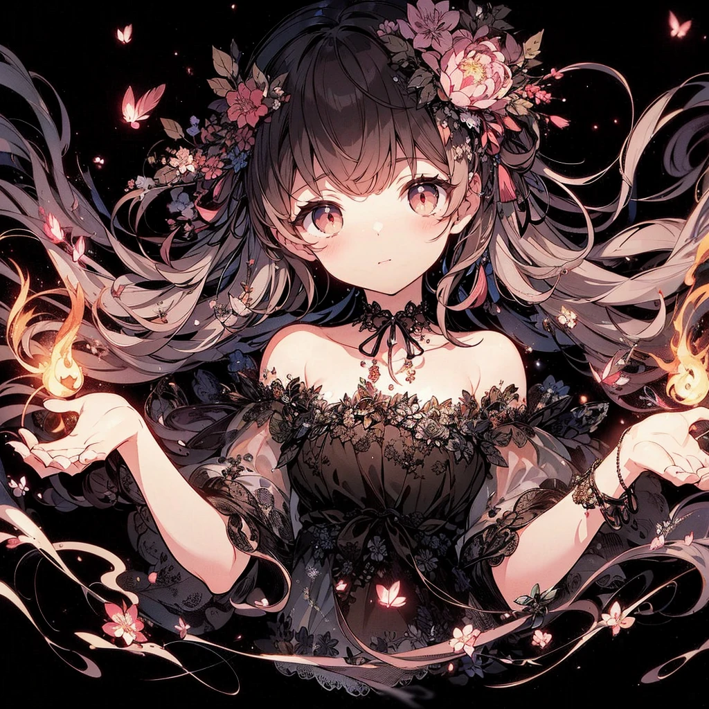 (Exquisite, beautiful, Very detailed, masterpiece, high resolution,high quality,High resolution),(Well-formed face,Soft and thin lines: 1.2, Beautiful, delicate and vivid illustrations with a mature and clear feel, Pixiv-inspired anime illustration,Cute girl-style illustrations that go viral among Japanese people on Twitter), He floats in the air, controlling the flames and fire from the rings on his hands.,A delicate and beautiful adult fairy princess with transparent, black wings growing from her back.,Dark Night,inflammation,sparks,From a little distance,She's wearing a tiara, earrings, necklace and bracelets.,), ((Red, white and black ball gown dress with inflammation motif:1.1, Balloon sleeves, Jewels, ribbons, lace and frills, Fairy wings from the back:1.5)), (Long fingers,Pale pink blush, Plump pink lips,Beautiful and clear eyes,Large Bust, Fair skin, Black knee-highs,Good style),pastel colour, Fantasy,Whole body,flare up