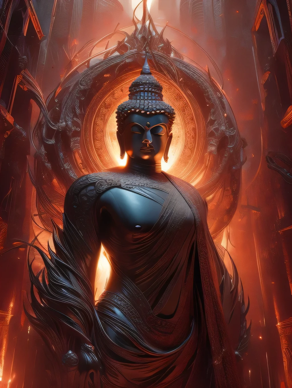 a strong and muscular buddha, Set your moves against the devil on an iron lotus, detailed and realistic, cinematic lighting, vibrant colors, dramatic composition, highly detailed, photorealistic, award winning digital art, intricate details, 8k, best quality, masterpiece, buddha fighting with evil 