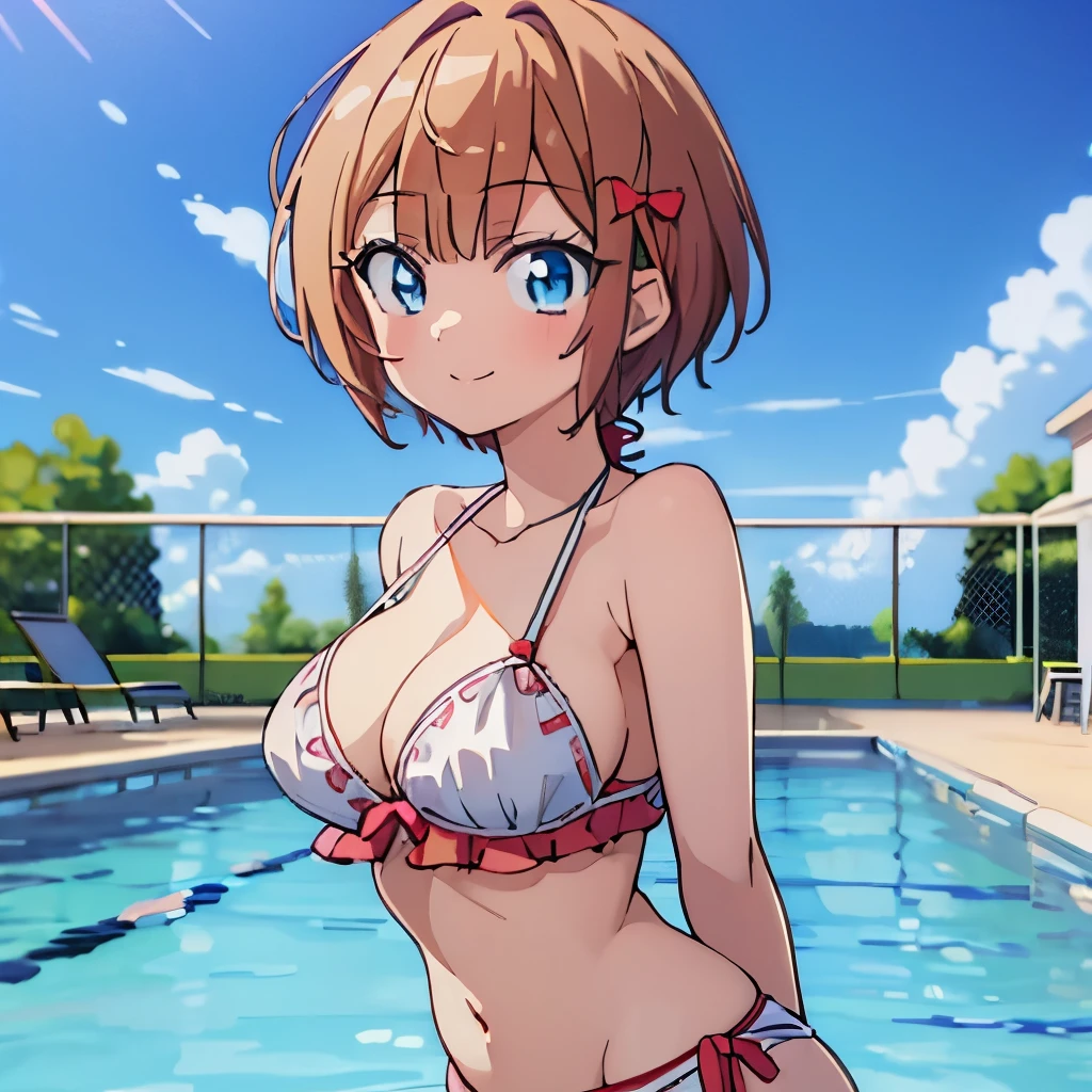 ((masterpiece)), ((best quality)), (ultra-detailed), anime style, pool, a cute girl, 1girl, solo, ((beautiful eyes)), smile, bikini00,