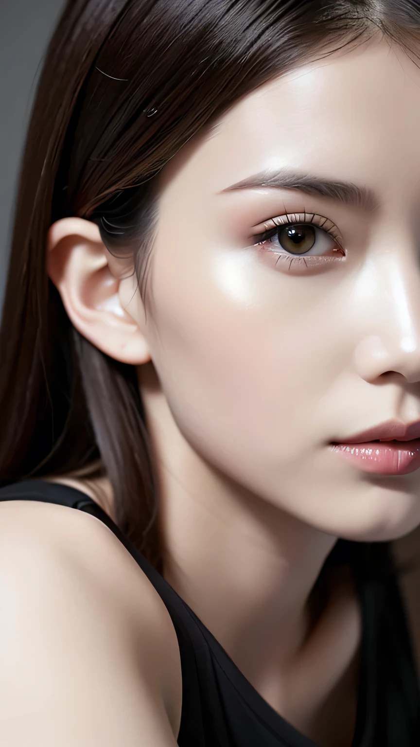 photorealistic Realism 16K Quality, ((Ultra high-res Realistic eyes, clear sharp, absurd details quality eyes, not blurry)), (([eyes|eyeshadows]:[brown|pink])), ((portrait)) a cute 1model:1.4 24yo, ((anatomically correct)), ((perfect proportions)), dslr, best high quality soft lighting, sharp focus captured by Fujifilm XT3, f 5.6, in a dramatic lighting, (perfect composition), ((pale skin)), ((dry skin)), (([tight sleeveless (sports tank top)]:[BLACK])), (half body shot), ((close up of her face:1.25)),