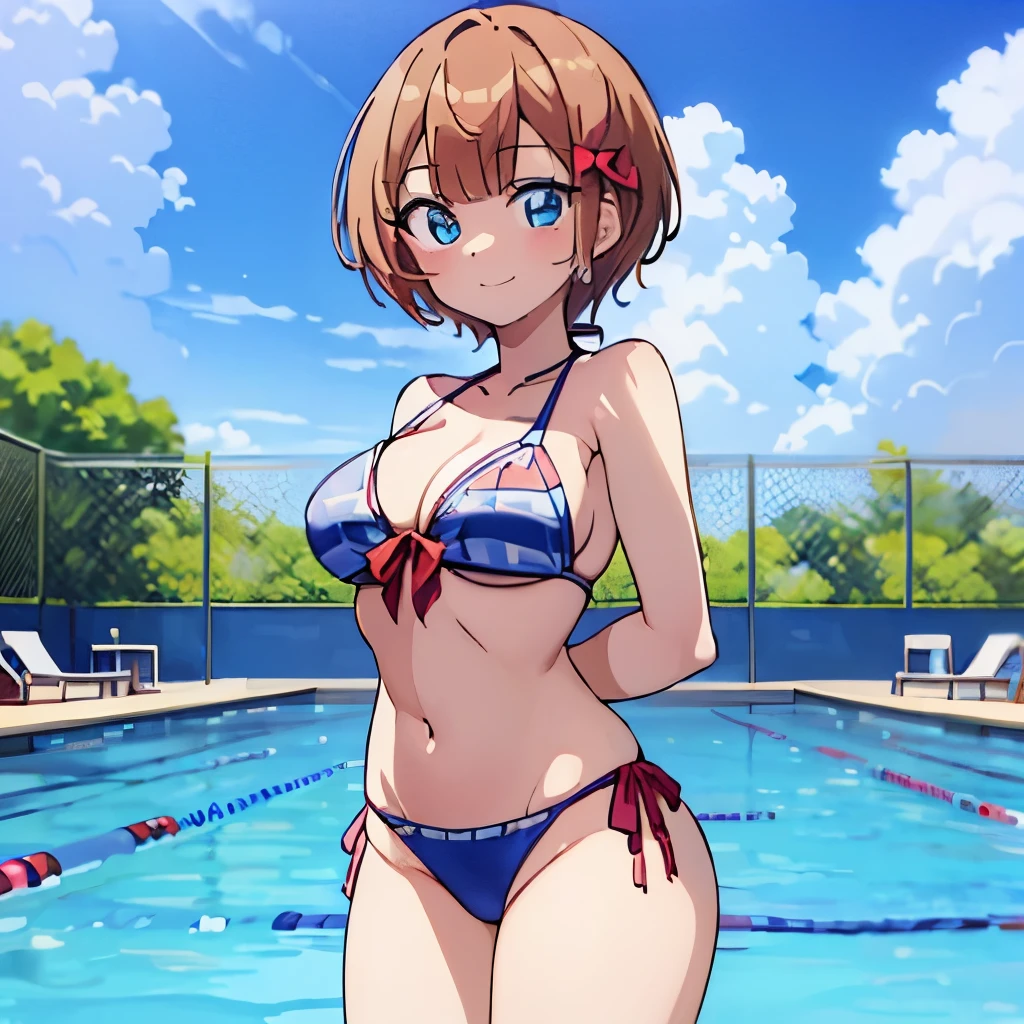 ((masterpiece)), ((best quality)), (ultra-detailed), anime style, pool, a cute girl, 1girl, solo, ((beautiful eyes)), smile, bikini00,