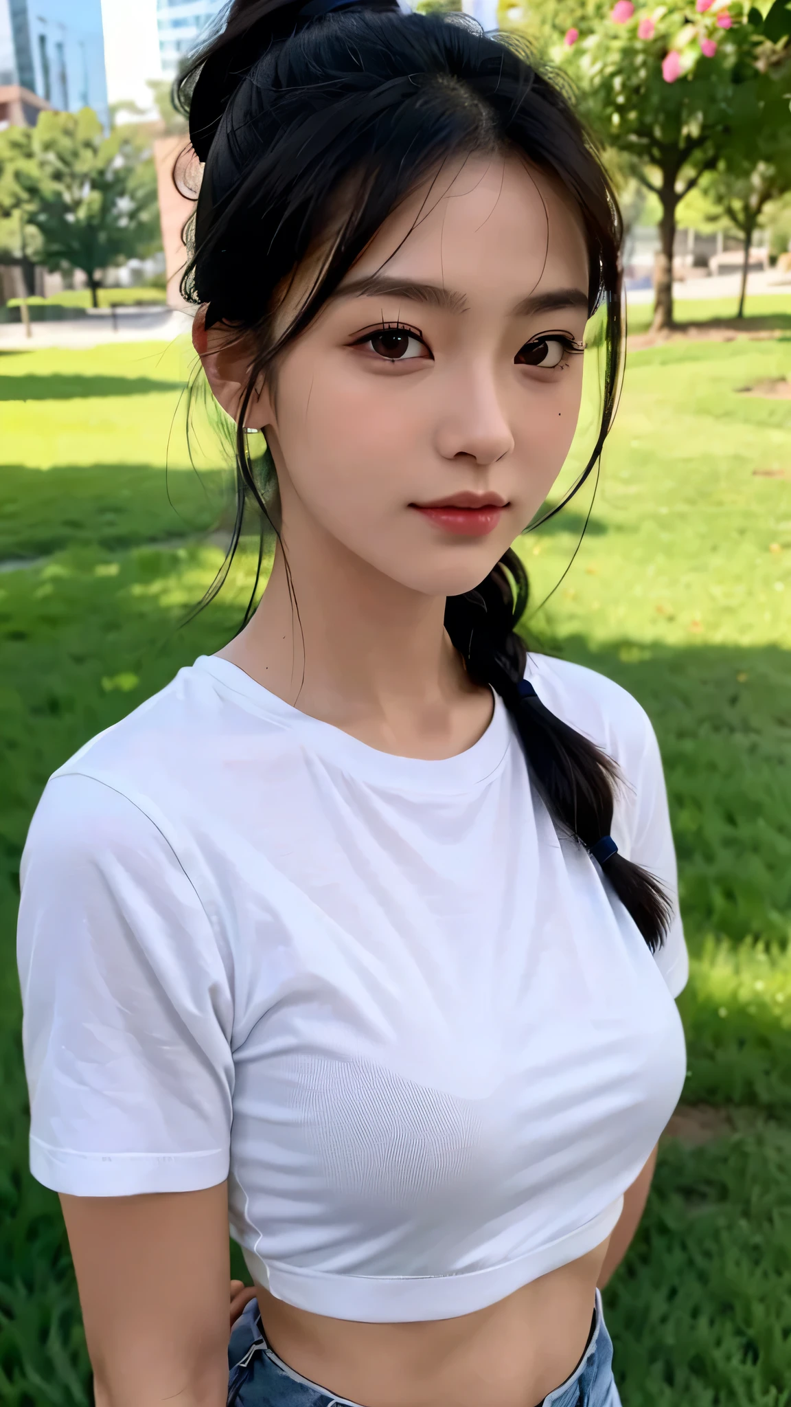 Black underwear shows through the T-shirts with wide neck openings,Bra straps are showing,jeans,outdoors,Urban Park,On the lawn,One woman,close up face,fully body photo,masutepiece, The highest image quality, High quality, the background is clear,Beautiful woman, Japanese, Detailed, Detailed eyes, Detailed skin, Beautiful skin, 超hight resolution, (reality: 1.4),Very beautiful woman, Slightly younger face, Beautiful skin, slender, (Ultra photo realsisim), (hight resolution), (8K), (Very detailed) (beautifully detailed eyes), (super detailed), (Detailed face), view the viewer, Fine details, Detailed face, Staring straight ahead, Staring straight ahead, photos realistic, Bright lighting, Professional Lighting, Black hair,poneyTail,a baby face,sixteen years old,Hairstyle: ponytail,Long ponytail hairstyle,slight smile,
