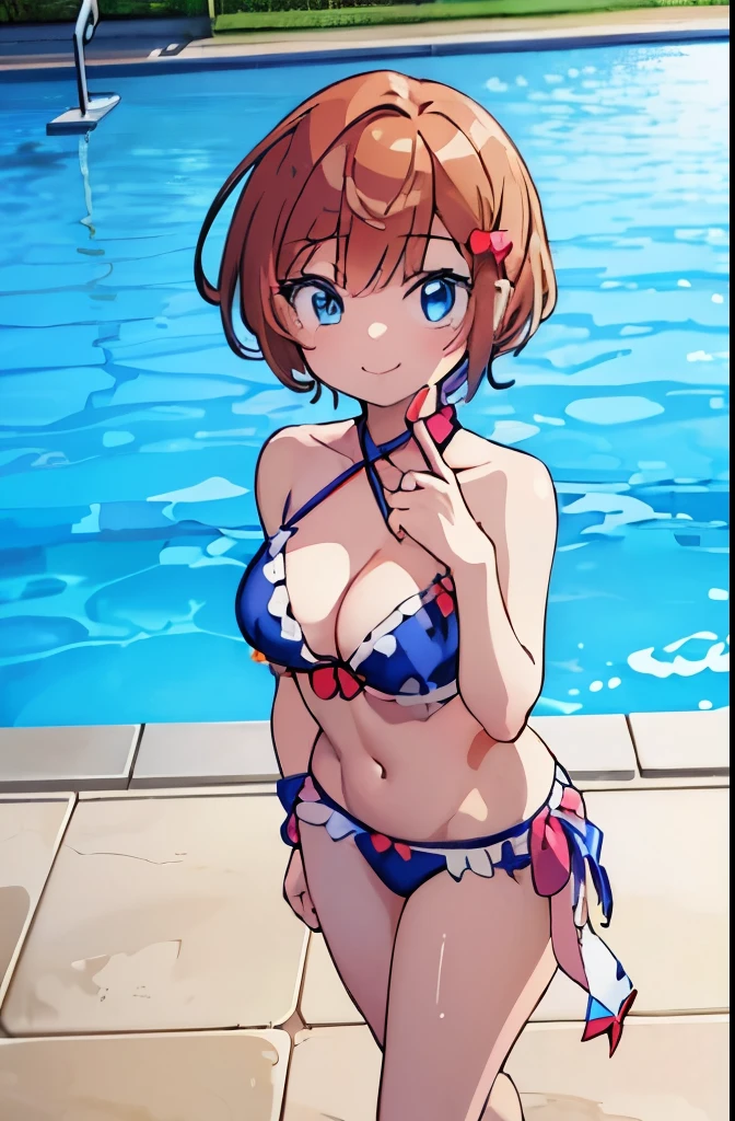 ((masterpiece)), ((best quality)), (ultra-detailed), anime style, pool, a cute girl, 1girl, solo, ((beautiful eyes)), smile, bikini00,