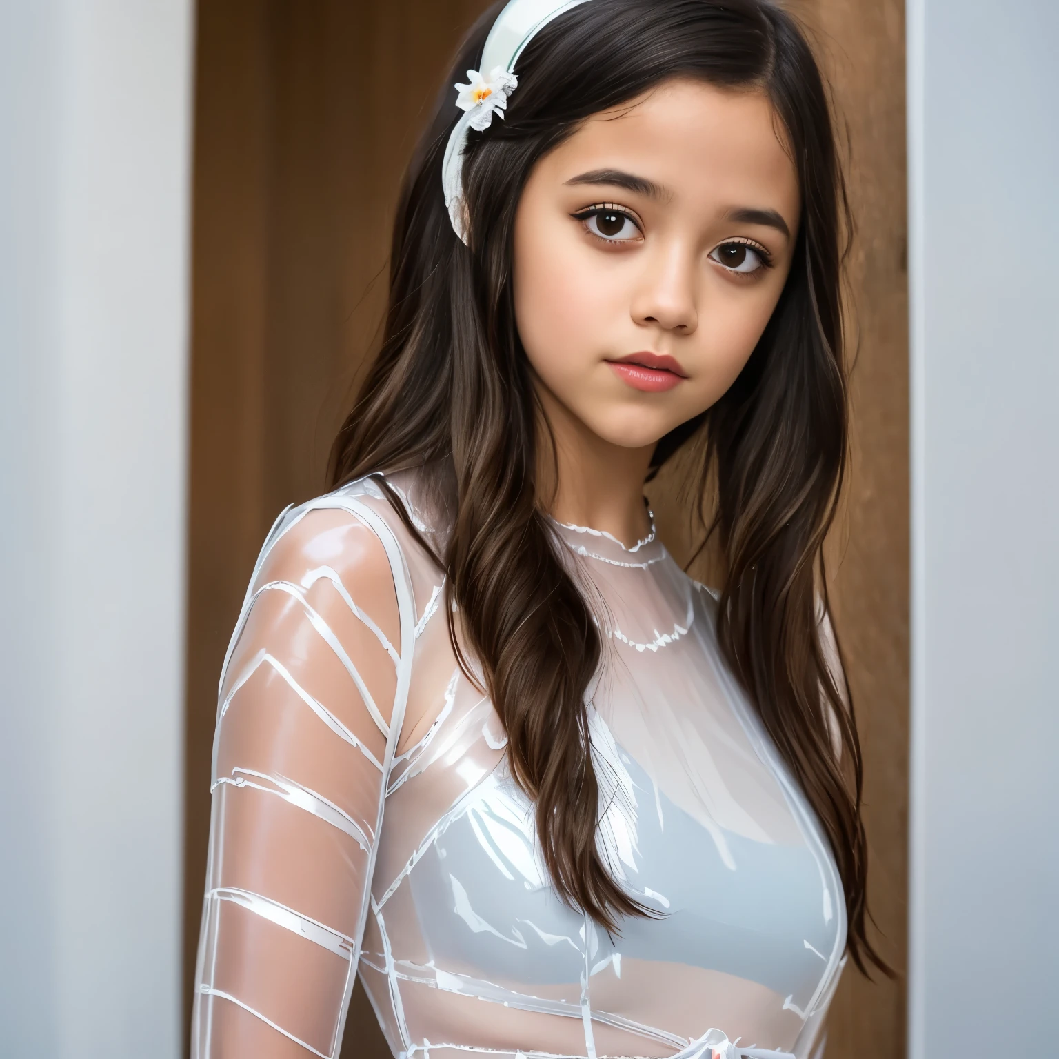 Photo portrait of 21 years old Jenna Ortega, Ein atemberaubendes, detailed color portrait of (sks frau:1), wears a ((white transparent vinyl dress):1.7), epische Charakterkomposition, Von Ilya Kuvshinov, alessio albi, Nina Masic, scharfer Fokus, natural lighting, Untergrundstreuung, f2, 35mm, Filmkorn, 