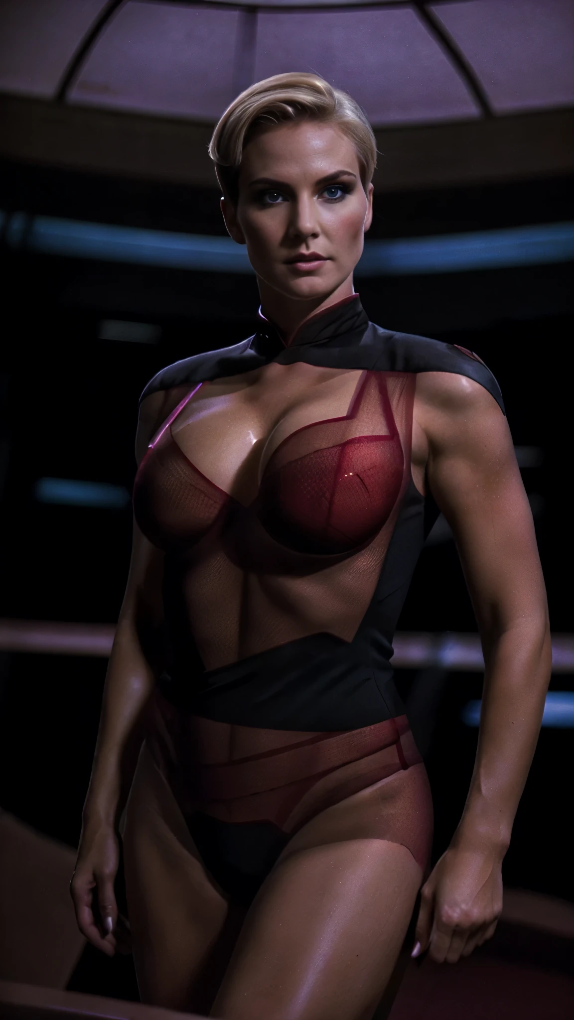 Sexy intense woman in a sexy translucent red mesh starfleet loincloth uniform, sexy seductive pose, erotic, powerful, formidable, bare legs, cleavage, blonde bombshell, short hair, athletic, (((eye contact))), (((looking into camera))), (((seducing the viewer))), well lit