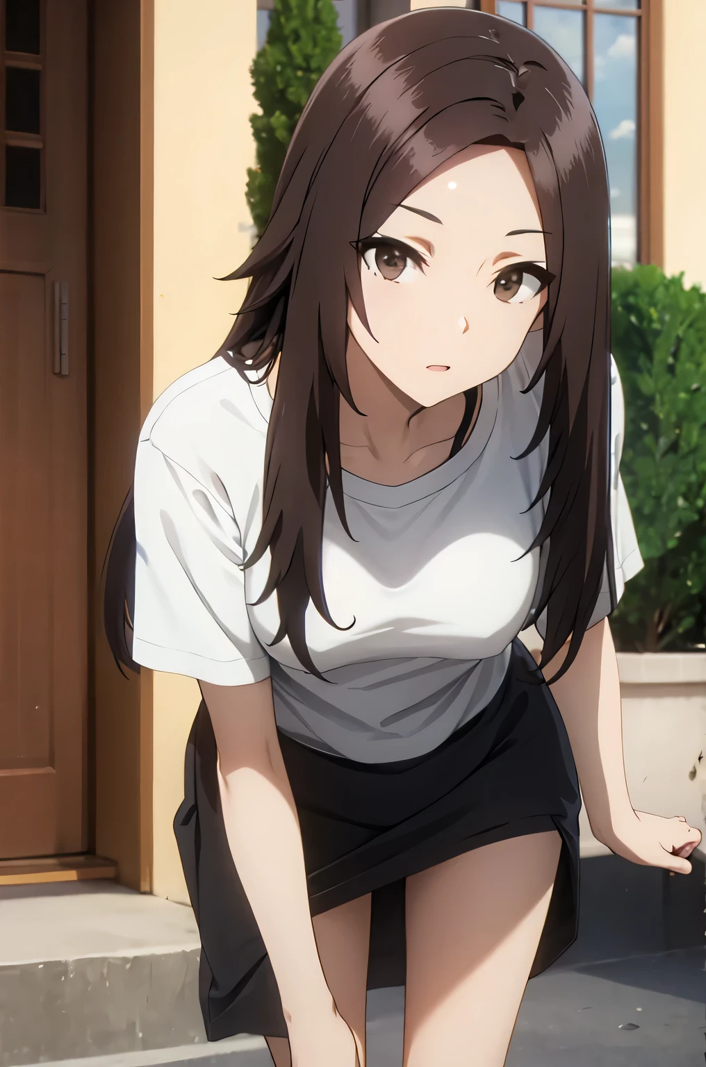 loose t-shirt
leaning forward,brown hair,brown eyes,long hair,forehead