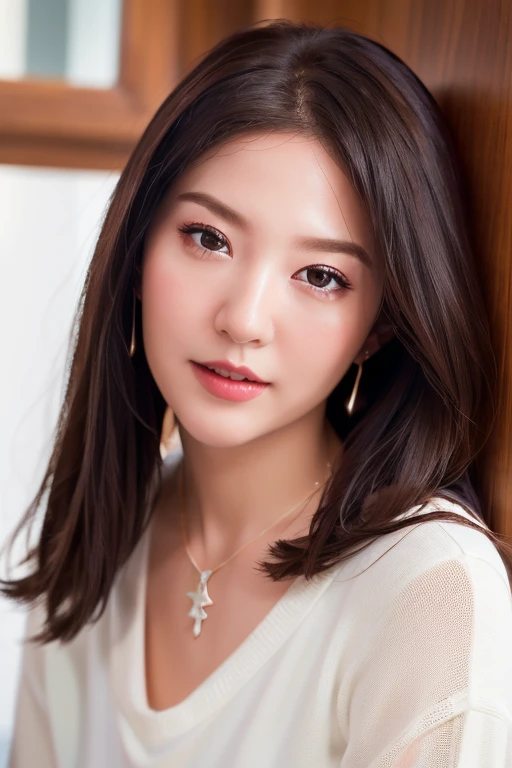 8k, masterpiece, original photo, best quality, Reality, Extremely detailed CG Unity 8K wallpaper, Depth of Field, Movie Lighting, lens flare, Ray Tracing, (Extremely beautiful face, Beautiful lips, beautiful eyes), Intricately detailed face, ((Ultra-delicate skin), Beautiful 1 girl best quality photos, Ultra-high resolution, (Realistically:1.4),Cute hairpin,1 girl,Red long hair,Cropped sweater ,Beautiful slim woman:1.4, on the island,Super thin face,Exquisite eyes,double eyelids,Necklace