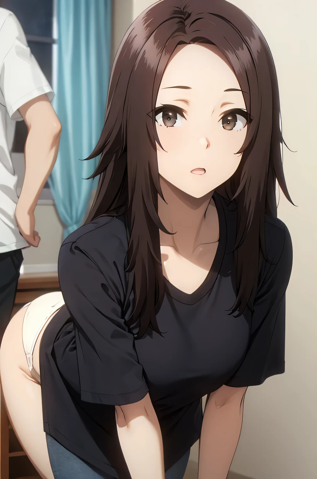 loose t-shirt
leaning forward,brown hair,brown eyes,long hair,forehead