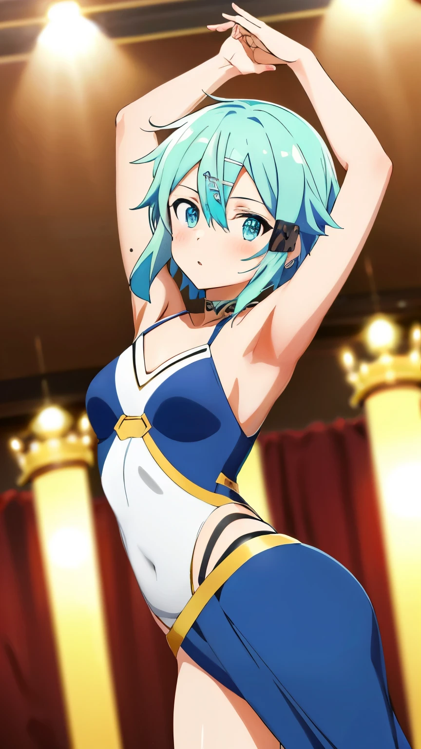 (Top Quality, Masterpiece, 8k:1.2), Ultra Detailed, High Resolution, Anime, 1 Girl, Solo, EPsoaSinon, Short Hair, Light Blue Hair, Detailed Jewel Eyes, Hair Between Eyes, Small breasts, (Hair Accessory:1.2), Hair Clip, Side Locks, Short Hair With Long Hair, (rhythmic gymnastics,standing split,Blushing, Dance room:1.1), dynamic Angle, Cowboy Shot,looking at viewer,