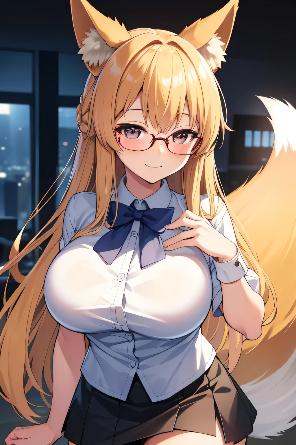 Animal ear fluff, Animal ears, Fox Ears, Fox Girl, Fox tail, blonde, tail, Glasses, blouse, Tight mini skirt, ((Big Breasts:1.2)), smile, Blushing, office,
Looking at the audience, highest quality, High resolution, unity 8k wallpaper, Perfect lighting