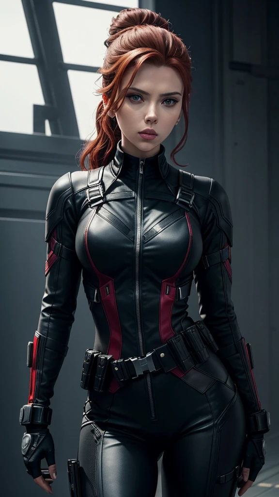 Scarlett Johansson as Black Widow is often depicted in a sleek, black leather suit, which is designed to be both functional for combat and visually striking. Her character typically exudes confidence and strength, often seen smiling or with a determined expression. In this iconic look, the costume is form-fitting with tactical details, including a low-cut neckline, utility belt, and various accessories like wrist gauntlets and holsters. Her hair is usually styled in loose waves or a practical updo, complementing her overall fierce and capable persona.