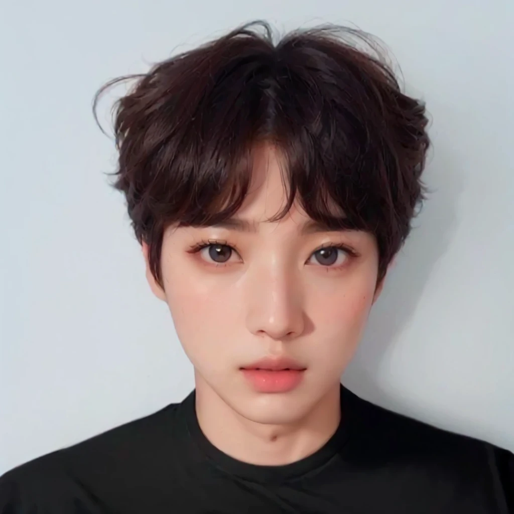 un primer plano de una persona con una camisa negra y una pared blanca, jinyoung shin, kim taejin, jungkook, pale korean adorable face, hyung tae, foto de perfil en la cabeza, korean symmetrical face, retrato de jossi de blackpink, kpop idol portrait, Shin Jeongho, con pelo corto, yanjun chengt, Hong June Hyung