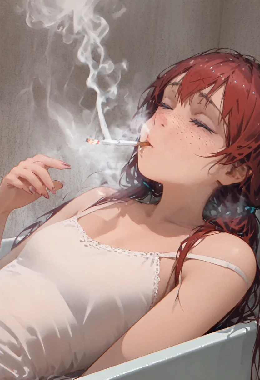 a teen girl smoking cigarettes very fast, sucking extremely hard on cigarette, the cigarette ash is growing very long, very skinny, pain, lying in a bathtub, teenager, red hair, pigtails, freckles, in high school, smoke in mouth, deep inhale, lots of cigarette ash, ash everywhere, agony and fear, intense drag, cheek hollowing drag, deeply inhaling smoke, nose exhale, smoke coming out of nose