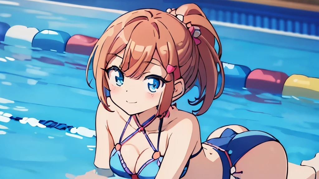 ((masterpiece)), ((best quality)), (ultra-detailed), anime style, pool, a cute girl, 1girl, solo, ((beautiful eyes)), smile, bikini00,