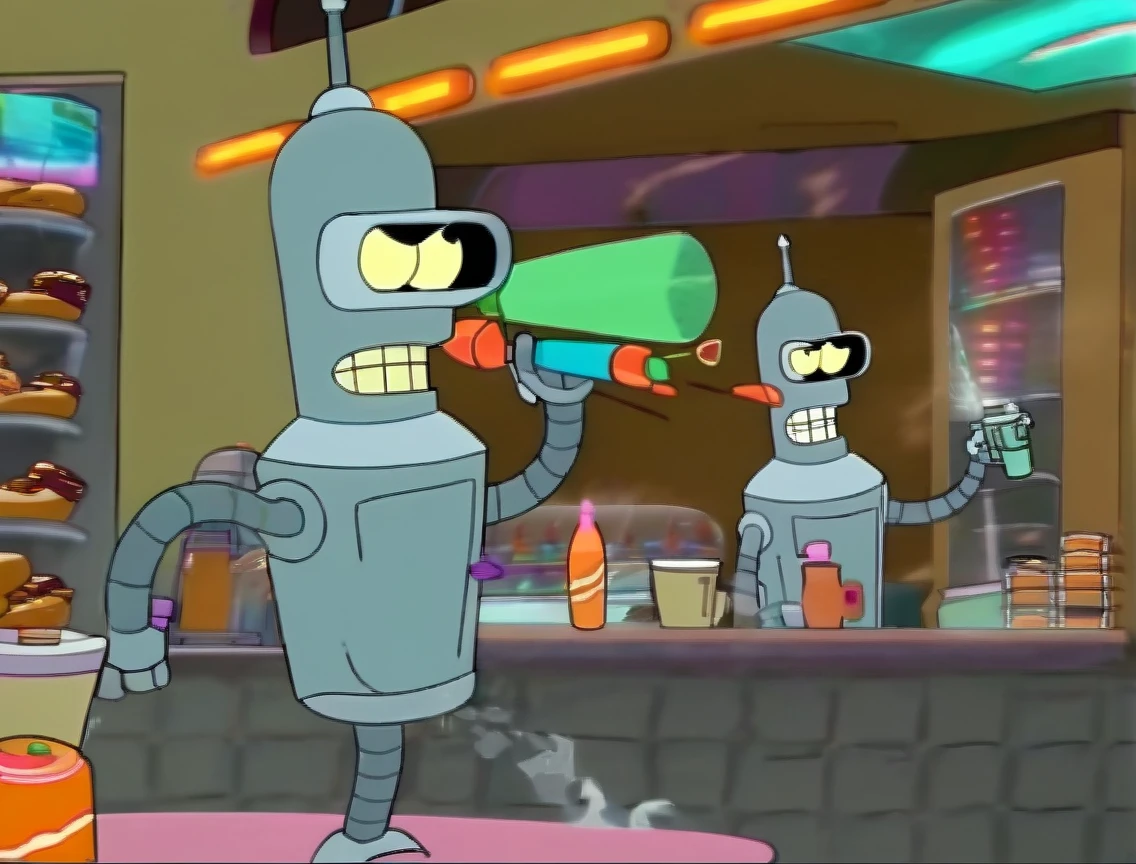 Bender holding Watergun run in Dunkin Donut, Style of Futurama 