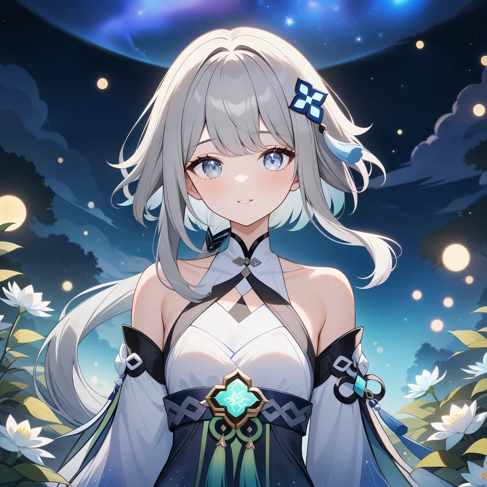 1girl, guizhong_\(genshin_impact\),grey hair with mint gradient,short_hair_with_long_locks in front and low ponytail in back,pale grey eyes with mint gradient,starry_sky_print,detached_sleeves, hands completely hidden by long sleeves,stunning field of softly glowing cerulean and white glaze lilies,night scene,gentle smile,face focus, eye focus,moonlight,glossy lips,vivid anime coloring,cel shading,smooth, soft dreamy focus,anklet,halter_top,white clothes,highly detailed,digital painting,bare_shoulders,barefoot,cool night tones, magical night scene,bokeh, professional,fireflies,Guardian nebula of rainbow and silvery vapor,harmonious blend of nature and art,transcendent beauty,awe-inspiring artwork,(best quality,4k,8k,highres,masterpiece:1.2)