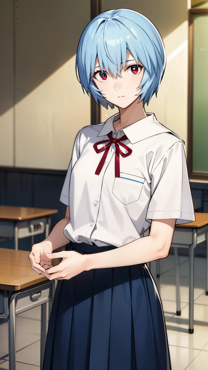 reiayanami, rei ayanami, (ayanami rei:1.2), blue hair, short hair, (red eyes:1.2),
BREAK skirt, shirt, ribbon, (school uniform:1.5), white shirt, short sleeves, red ribbon, neck ribbon, (tokyo-3 middle school uniform:1.5),
BREAK indoors, classroom,
BREAK looking at viewer, (cowboy shot:1.5),
BREAK (masterpiece:1.2), best quality, high resolution, unity 8k wallpaper, (illustration:0.8), (beautiful detailed eyes:1.6), extremely detailed face, perfect lighting, extremely detailed CG, (perfect hands, perfect anatomy),