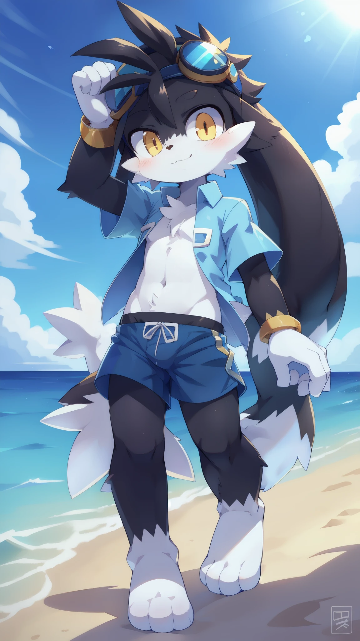 Klonoa, furry boy, yellow eyes, black body fur, black hair, white feets, white hands, ((goggles, blue hawaiian shirt, open clothes, black swim trunks)), detailed body fur, detailed body, detailed face, detailed eyes, glistering body, shiny body, skinny, (best quality), cinematic lighting, looking at viewer, anime style, full body, feets with three toes, 3 toes, beach, clear sky, :3, 