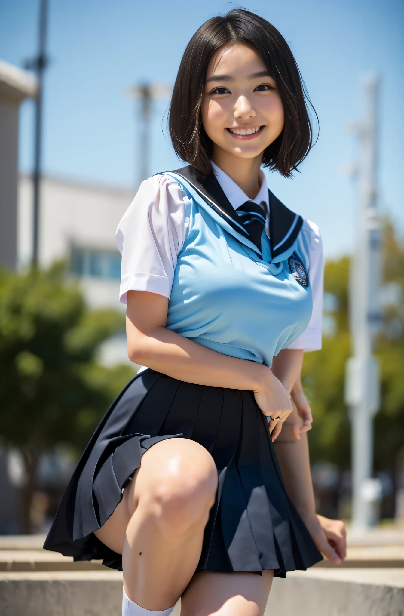 （8k、Raw photography、highest quality、masterpiece：1.2),(Black-haired、Very short hair:1.8),(:1.3)、View your viewers,Viewed from the front,White skin,(high school girl、Light blue school uniform:1.6)、(Tight waist:1.6)、(Clothes that accentuate the shape of the breasts:1.0)、(Big Breasts :1.3)、Slim figure、Ultra-high resolution,beautiful,beautiful fece,(one person、No background:1.9),whole bodyボディー,Japanese women,（reality的：1.37）、Photon Mapping,reality、(Baby-faced and cute: 1.4)、(Cute Smile: 1.8)、(Round face: 1.8)、Radio City、Physically Based Rendering、Depth of field rally background、photograph, (I can see your knees、Thigh close-up:1.8),（Checkered Skirt:1.6）,whole body、Great quality