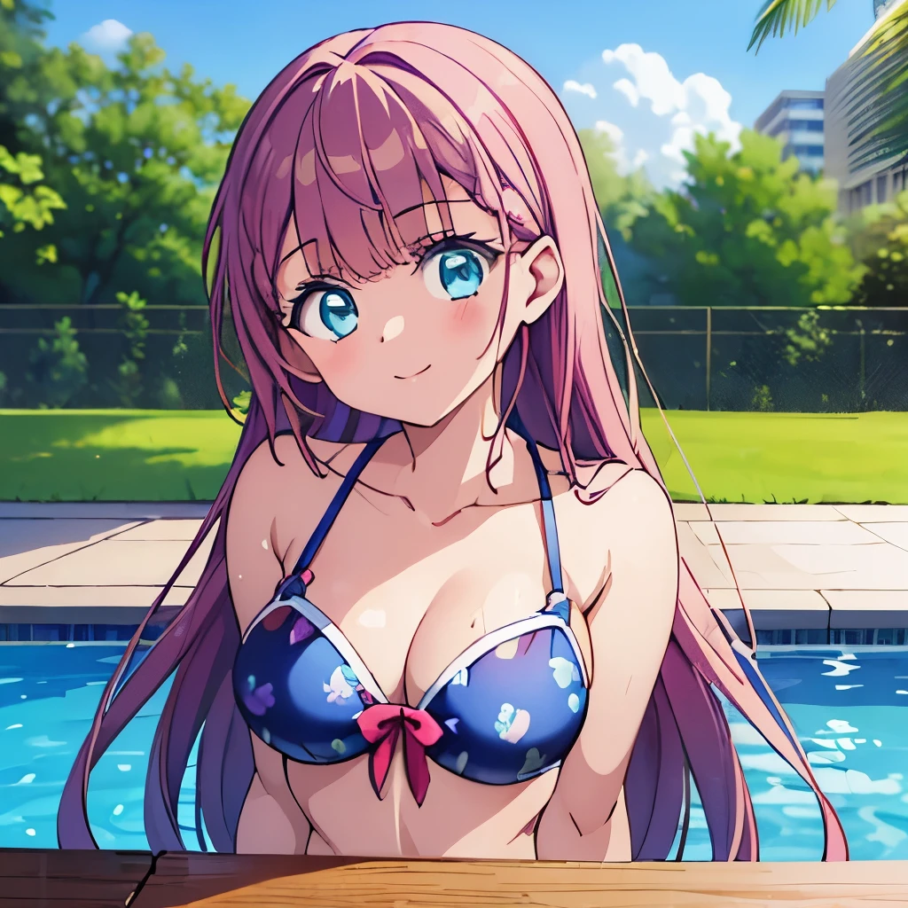 ((masterpiece)), ((best quality)), (ultra-detailed), anime style, pool, a cute girl, 1girl, solo, ((beautiful eyes)), smile, bikini00,