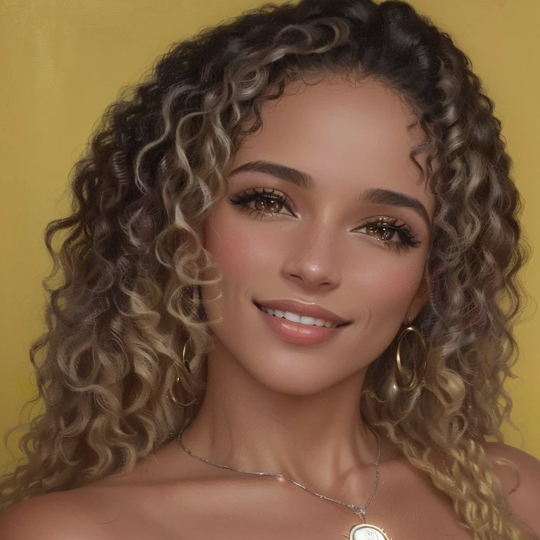 there is a woman with curly hair smiling and wearing a necklace, taken at the beginning of 2020, malika favre, Mulher de 30 anos de Cuba, mother of the month, looks like fabiula nascimento, powder Nándor Katona, imagem de perfil, monserrate gudiol, magnetic years, fernanda suarez