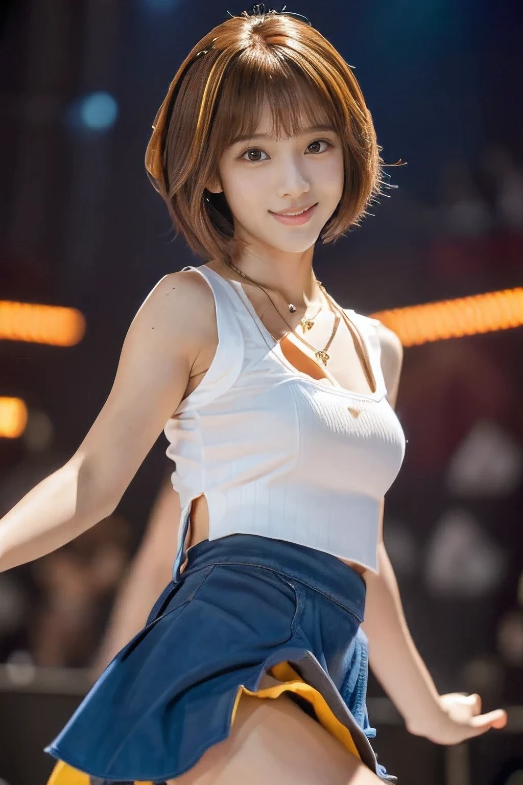 (An 18-year-old idol girl dancing on stage:1.5)、(Cute smile:1.2)、(The best quality at its best:1.4), (Super detailed), (Very detailed CG unified 16k), Beautiful woman with perfect figure: 1.4, Sharp focus: 1.2, Very detailed, High-quality RAW color photos, Professional photography, Great face and eyes, cosmetics, (Amazingly beautiful girl), ((Cute idol costumes:1.5)), Sexy posture,(View from below), Realistic movie faces, Full body long view from head to toe, Realistic, ((Realistic natural orange red hairstyle, Realistic blue eyes)), ( Short Bob Hair:1.5), (necklace:1.5)、, Very beautiful face, Perfect model beauty, Mouth swelling, Highly detailed face and skin texture, Fine grain, double eyelid, Medium chest, (masterpiece), highest quality, High resolution, Very detailed, Blurred Background, Depth of written boundary, Cinema Lighting, Great legs, , Clear, well-maintained skin,