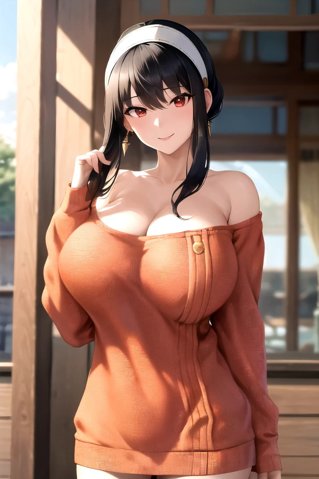 masterpiece, best quality, highres, bbyorf, short hair with long locks, white hairband, red eyes, gold earrings,((huge breasts)), jewelry, off shoulder, (((red sweater))),erect nipples, sweater dress, long sleeves, black pantyhose, outdoors, standing cowboy shot, smile,cleavage, hands under breasts