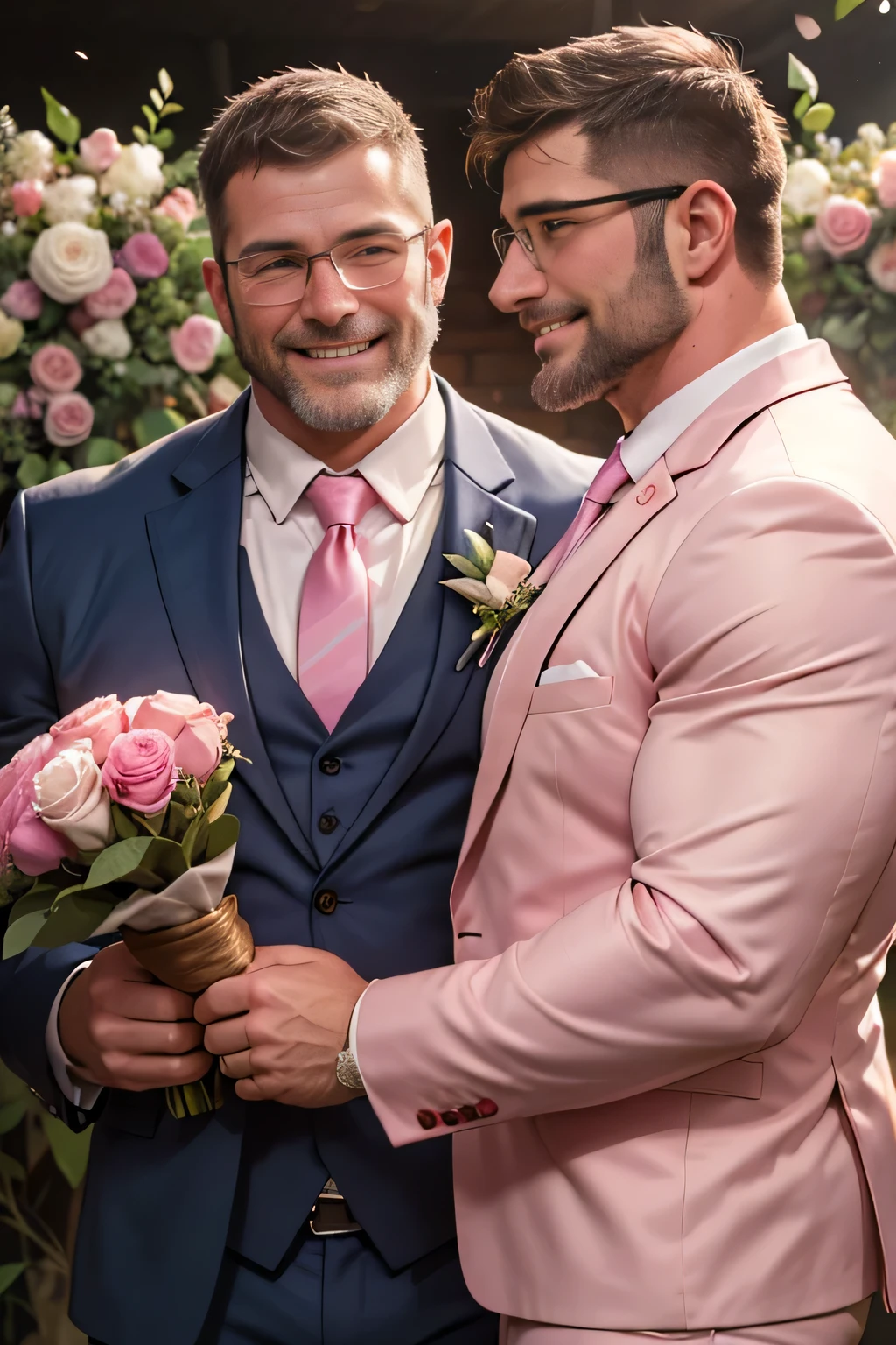 Award-winning original photos，2men, wild muscular men, (40 years old daddy:1.1), beards, burly, hunk, jackets, smilling happily, wearing glasses, wedding ceremony, (white and pink suits), (pink neckties), (pink jackets), hugging, detailed, lovely, faces closeup, flowers, from the side