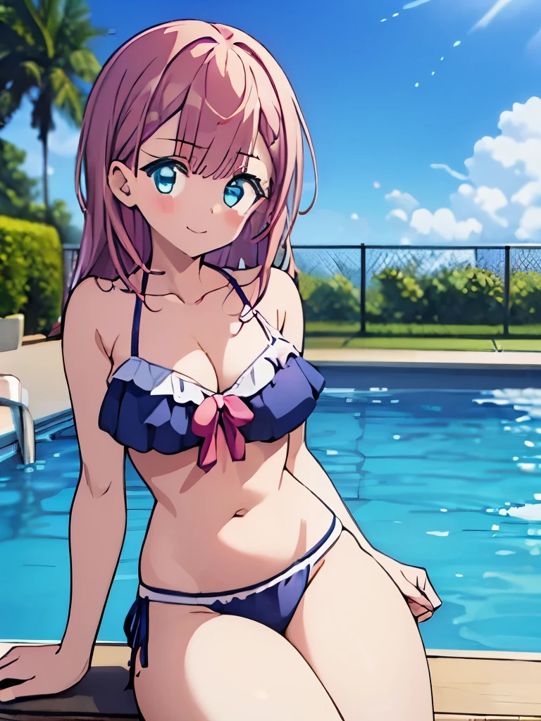 ((masterpiece)), ((best quality)), (ultra-detailed), anime style, pool, a cute girl, 1girl, solo, ((beautiful eyes)), smile, bikini00,