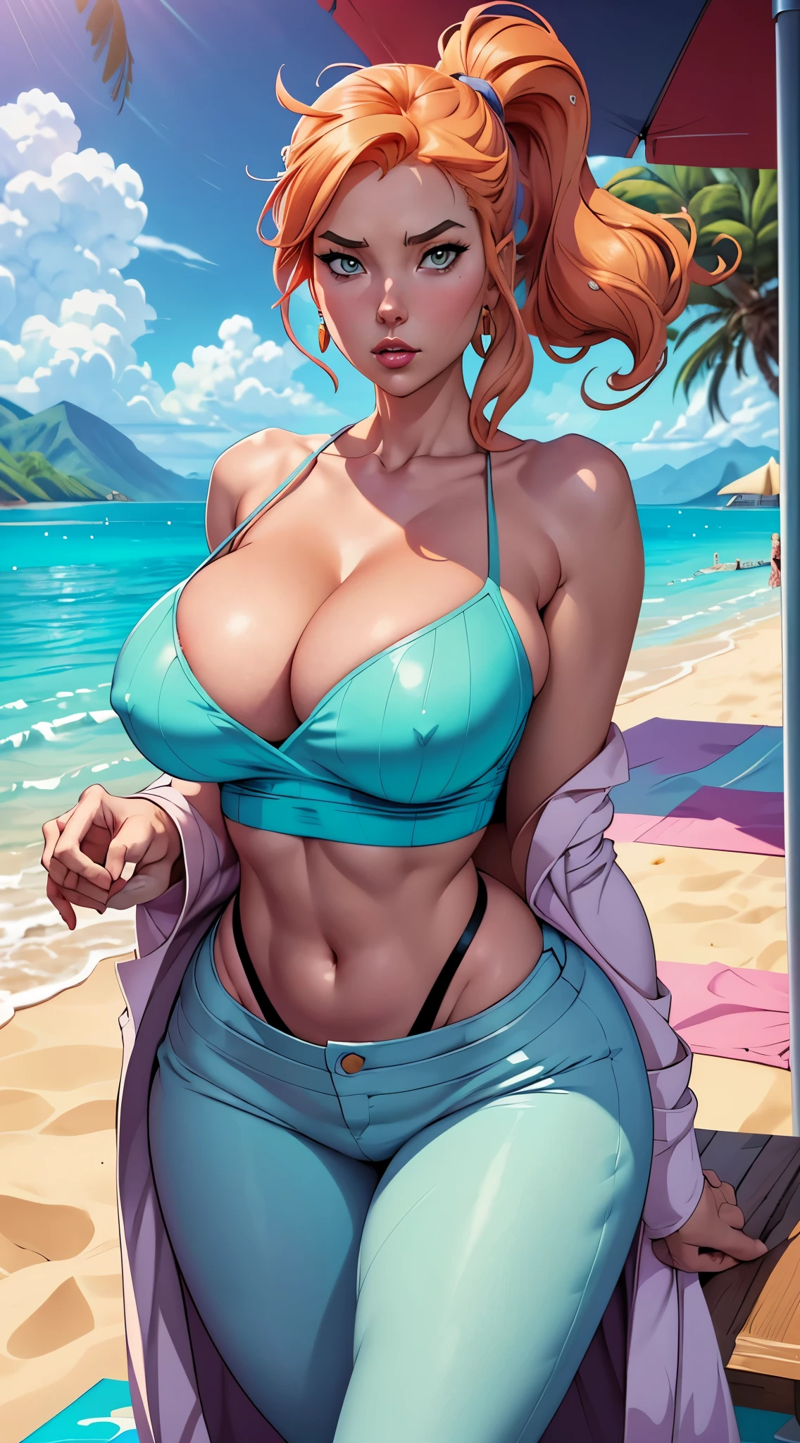 Anime woman with large breasts, sexy body, cleavage, laying down on towel, view from top, ((camisole)), Sonia from pokemon, ((cutesexyrobutts)), artgerm and lois van baarle, style artgerm, high quality fanart, unparalleled masterpiece, tight pants, ((lab coat)), perfect artwork, (1girl:1.1), solo, (teasing), best quality:1.1 , (beautiful), earrings, jewelry, (hdr), (tropical paradise:1.2), beach, beach umbrella, towel, trending on ArtStation