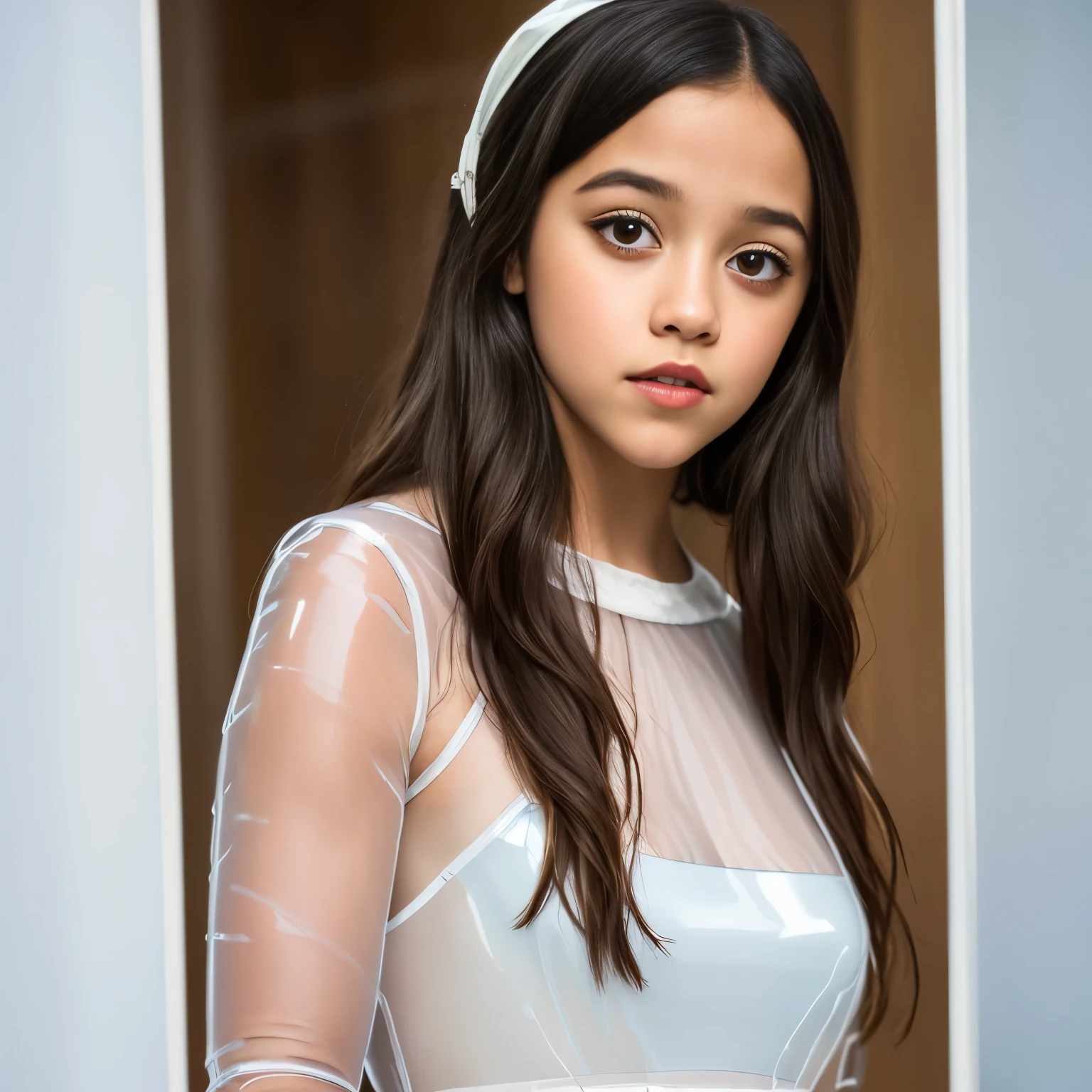 Photo portrait of 21 years old Jenna Ortega, Ein atemberaubendes, detailed color portrait of (sks frau:1), wears a ((white transparent vinyl dress):1.7), epische Charakterkomposition, Von Ilya Kuvshinov, alessio albi, Nina Masic, scharfer Fokus, natural lighting, Untergrundstreuung, f2, 35mm, Filmkorn, 