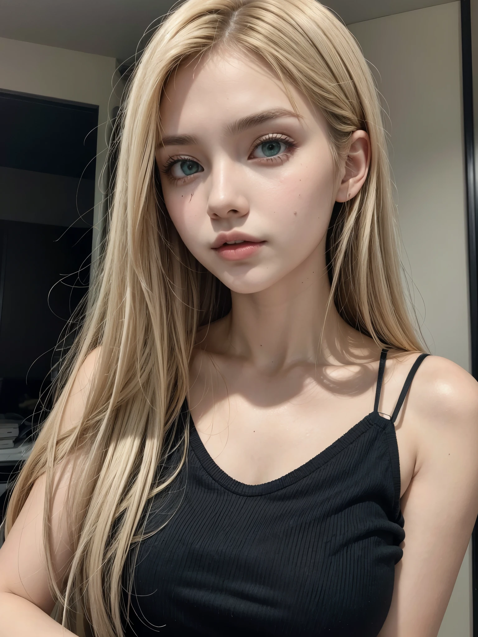 Hot girl, beige hair, green eyes, black casual clothes