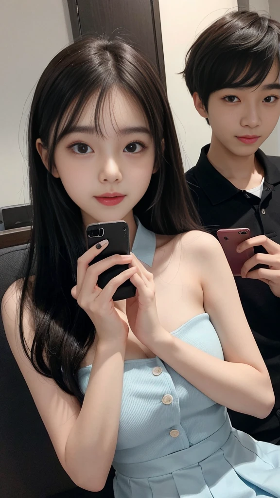  (high quality), (NSFW:1.2), Split screen vertically, 1 girl and 1 man are dating online by exchanging own photos and messages using a smartphone chatting app, 18 years old, korean, long distance relationship, The text is written in English., they weared korean high school uniforms, whole body, A woman focuses her eyes on the mobile phone screen and is happy, Upload your photos to an online community using a smartphone app, It&#39;s like a cartoon, with men going crazy over a woman&#39;s post online., They&#39;re sending a message to a girl asking to chat, You are amused by their reactions,  light makeup, slim figure, (girl weared thin and natural pantyhose : 1.9), (girl weared slim high_school uniform_pencil skirt and blouse : 1.6),(a man weared high school uniform_shirts and pants:1.5), (they weared school uniform_blazer and tie), Separation of female and male cut scenes, The story flows like a cartoon.