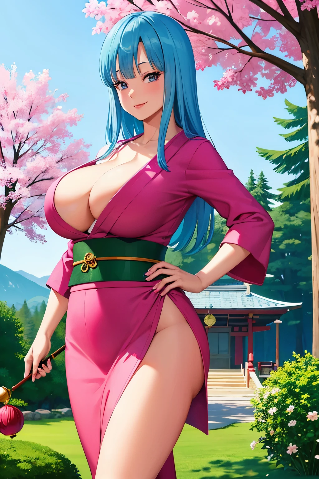 (8k, best quality, masterpiece:1.2), (finely detailed), detailed illustration,intricate,japanese forest, shrine,maron, (pink kimono:1.2), cleavage, side slit, blue eyes,aqua hair,blunt bangs,tree,cowboy shot, smile,  looking at viewer,  solo, purple obi, ((huge breasts:1.3)), long sleeves