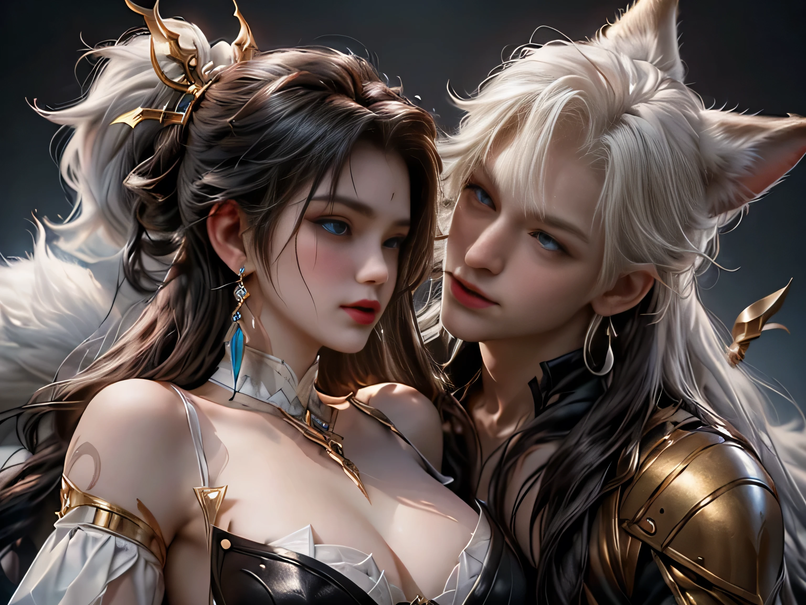(Best quality, 8K, masterpiece, HDR, soft lighting, perfect image, realistic, Bright), a guy and a fox girl play Go against the backdrop of a mountain waterfall, landscape with a mountain waterfall in the background, sitting foxes guy and girl behind a goban (Go board), [(handsome man, he has beautiful blue eyes and a kind smile, black hair, naked torso with developed body, (Beautiful fox girl with green eyes, red hair, innocent expression)], (Fantasy ultra high quality art, latest fantasy), masterpiece, Ultra high quality male and female character designs, anime art with 8k development, realistic anime art, wallpaper illustrations of the highest quality, complex ultra high quality accurate faces of male and female characters, high quality design and precision physics (ultra high quality fantasy style)), art, dark fantasy)) Style), Masterpieceы, super quality characters, resolution anime - 8k, realistic anime art, highest quality wallpaper illustration, Ultra-high facial detail, high-quality design and physics accuracy), by color, depth of field, to the shadows, ray tracing, high quality and production of computer wallpapers in 8K resolution. (Accurate simulation of the interaction of light and material)], [Carefully detailed hair [Read more about beautiful and shiny hair]], (Perfectly detailed hands [perfect fingers [Beautiful nails]], (perfect anatomy (perfect proportions)) [[ Look at full growth]], [Ideal color coordination (Accurate simulation of the interaction of light and material)], [art, conveying the meaning of history], [game in Go]