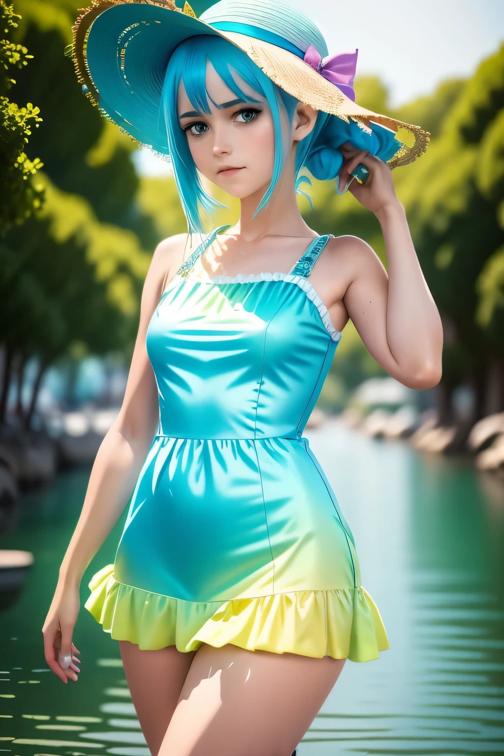 anime girl with blue hair wearing a straw hat and a blue dress, artwork in the style of guweiz, beautiful anime portrait, guweiz, beautiful anime girl, beautiful anime style, anime girl with teal hair, anime style. 8k, in the art style of bowater, beautiful digital illustration, beautiful character painting, stunning anime face portrait