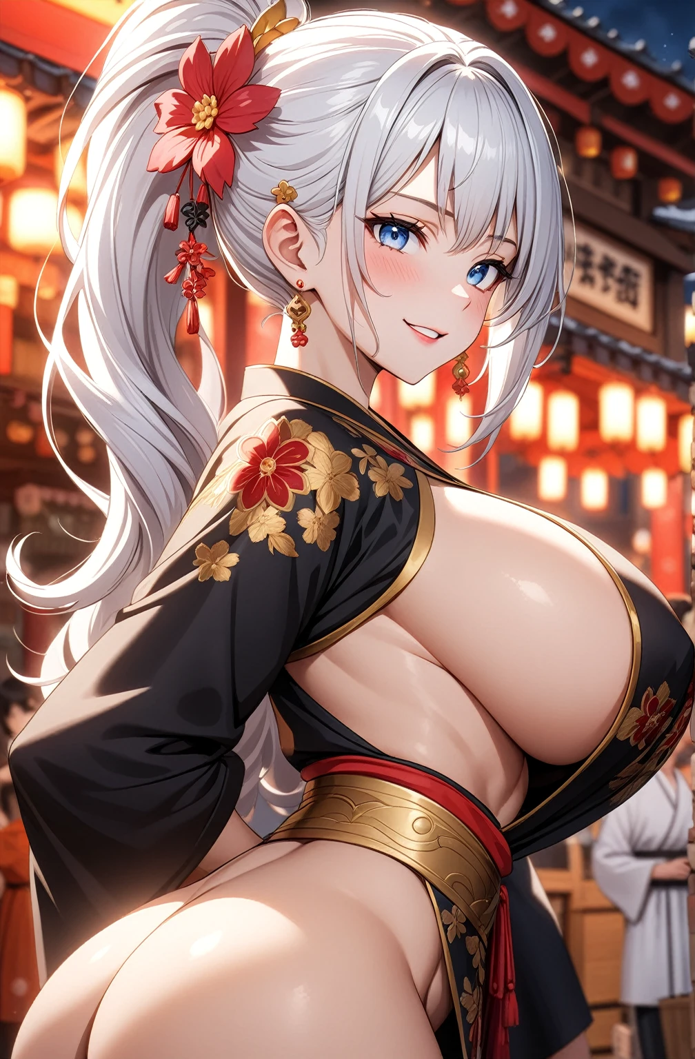 ((one personの女性)), Beautiful Face,Laugh shyly,((Wink:1.7)),Laughing with your mouth open,turn bright red,Glossy pink lips,night,Shrine festival stalls,((Anime style background)),masterpiece, highest quality, so beautiful, up to date, Complex details, (Pink long nails),AI-generated, Complex,High resolution, highest quality, super high quality,3D Images、View your audience、3D Images,one person,Long white hair,High Ponytail,blue eyes,Anime woman posing for a photo, [[Fine grain、Colorful eyes、Shining Eyes:1.15]],(Squint your eyes:1.1),a hyperRealistic , hyperRealistic , Realistic,Long haired white haired anime woman, Smooth anime CG art, A woman in a colorful kimono with gold embroidery, (Black kimono),Red floral pattern,Long flower hair ornament,Big earrings,(Big Breasts:1.1),Mature Body,tall,Big Ass,Fine details,Tight waist,Abdominal muscles,(Face close-up:1.5),Tilt your face,Shooting from the side