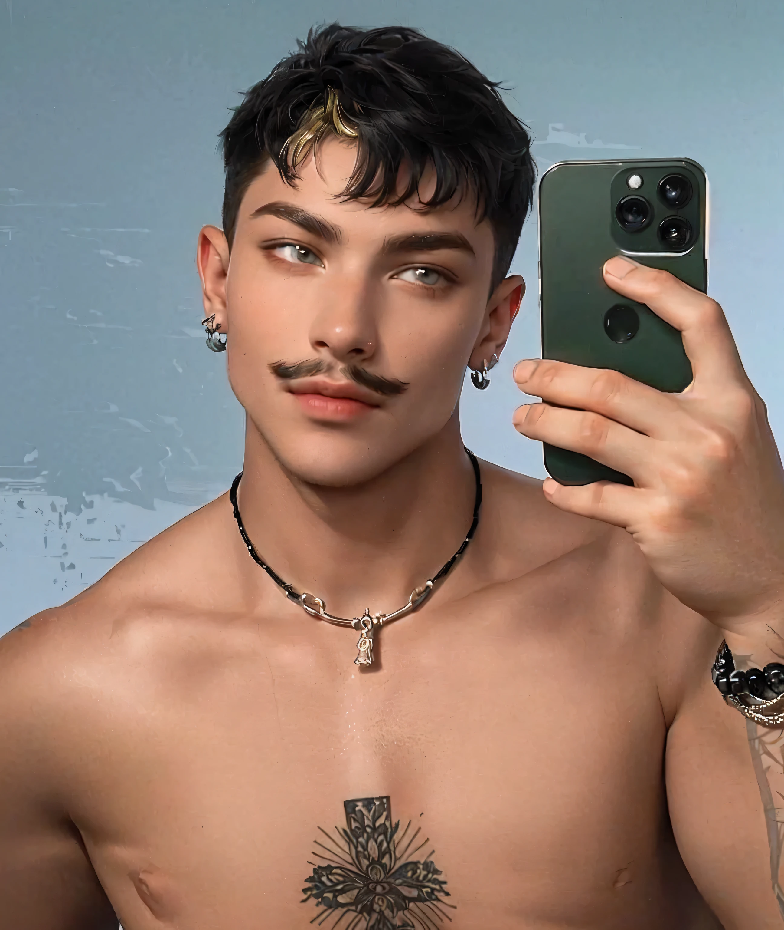 homem arafiado com tatuagem de cruz tirando uma selfie, an epic non-binary model, non-binary model, androgynous man, modelo do instagram, strong facial features, usando pontas e piercings, androgynous person, brincos enormes e maquiagem estranha, piercing de septo, thin and tiny mustache, rosto perfeito e , male characteristics, 18 anos de idade