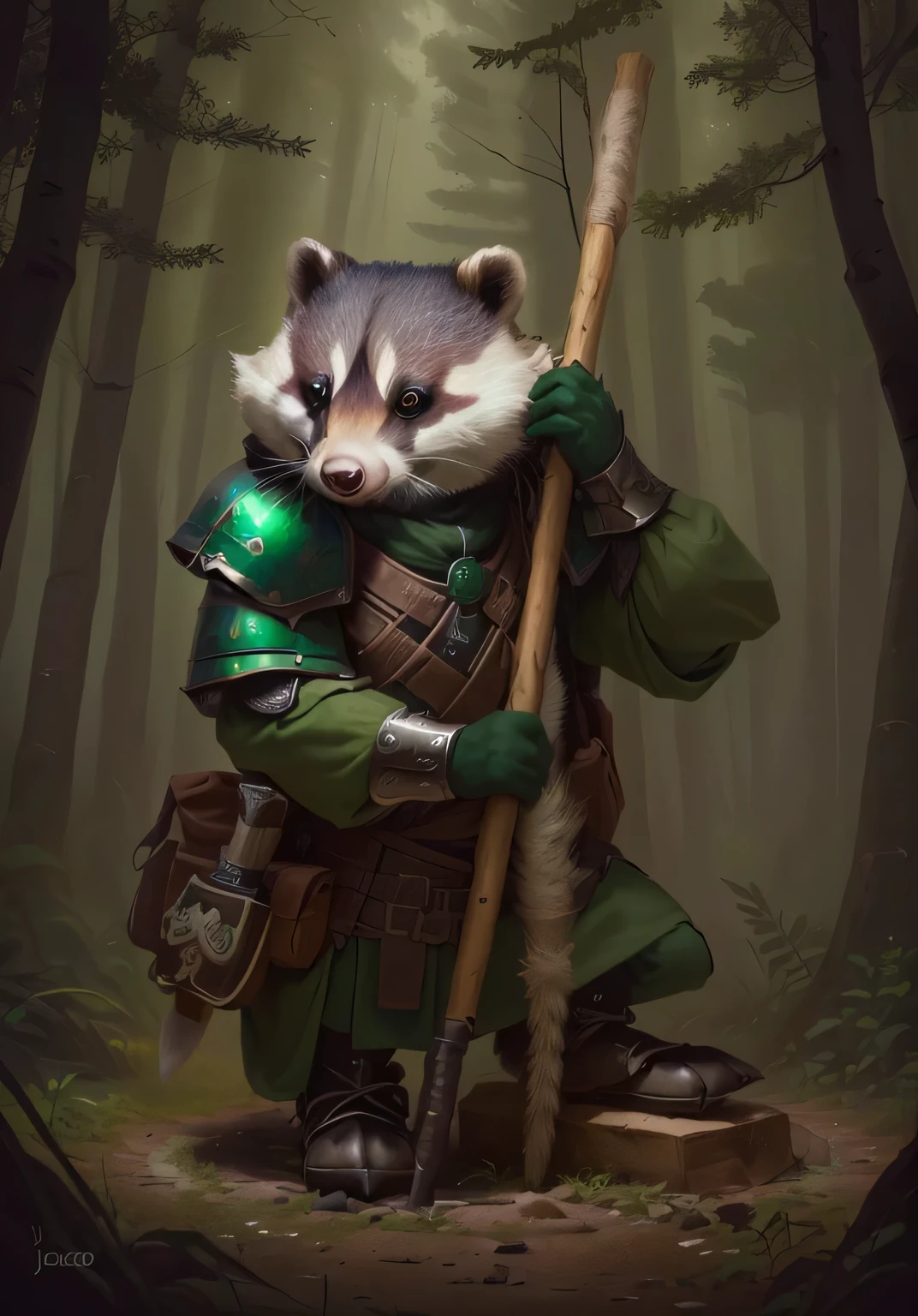a drawing of a Texugo dressed in armor holding a stick, anthropomorphic Texugo, Warrior Ferret, inspired por Joseph Badger, furry Texugo, Texugo Texugo, anthropomorphic warrior piglet, Texugo, por Adam Marczyński, anthropomorphic furry art, anthropomorphic raccoon, por Joseph Badger Texugo druida, veste roupas verde com detalhes dourados, usa um cajado e carrega com sigo um livro com capa de couro, e um semblante serio. is in a forest scenario.