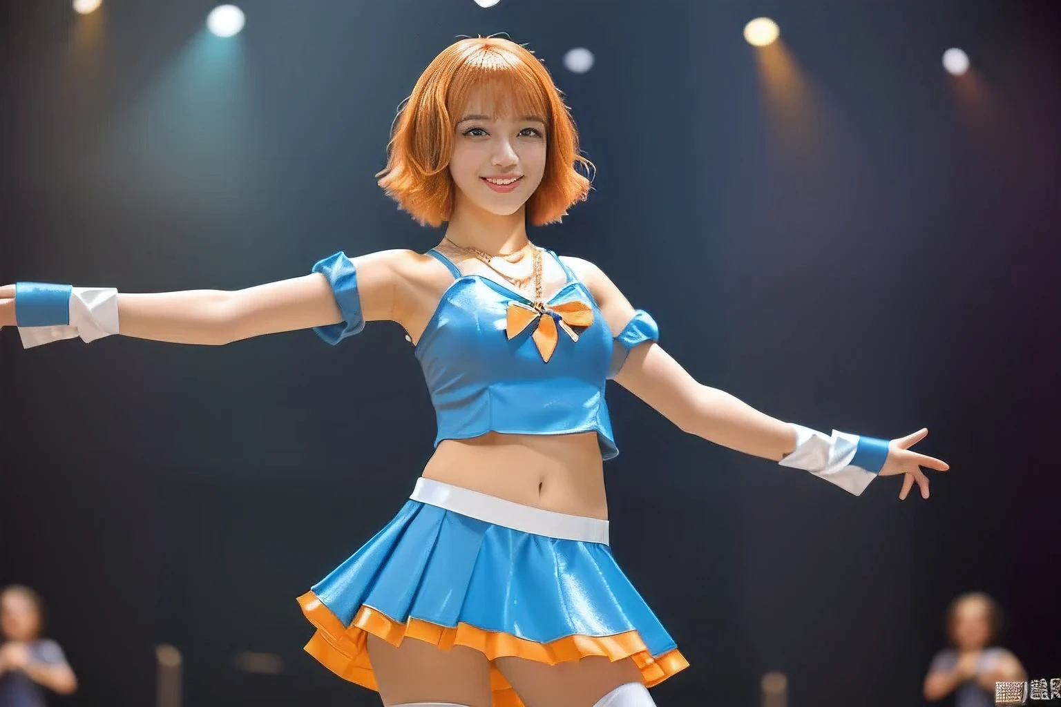 (An 18-year-old idol girl dancing on stage:1.5)、(Cute smile:1.2)、(The best quality at its best:1.4), (Super detailed), (Very detailed CG unified 16k), Beautiful woman with perfect figure: 1.4, Sharp focus: 1.2, Very detailed, High-quality RAW color photos, Professional photography, Great face and eyes, cosmetics, (Amazingly beautiful girl), ((Cute idol costumes:1.5)), Sexy posture,(View from below), Realistic movie faces, Full body long view from head to toe, Realistic, ((Realistic natural orange red hairstyle, Realistic blue eyes)), ( Short Bob Hair:1.5), (necklace:1.5)、, Very beautiful face, Perfect model beauty, Mouth swelling, Highly detailed face and skin texture, Fine grain, double eyelid, Medium chest, (masterpiece), highest quality, High resolution, Very detailed, Blurred Background, Depth of written boundary, Cinema Lighting, Great legs, , Clear, well-maintained skin,